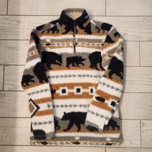 Cozy Cabin Fever By Ramatex Sherpa Pullovee Bear Sweater Size Medium Zip-Up Warm
